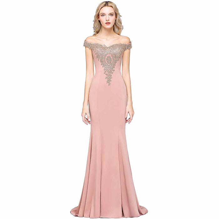 Women Long Gold Lace Applique Mermaid Prom Dress Off Shoulder Formal Gowns