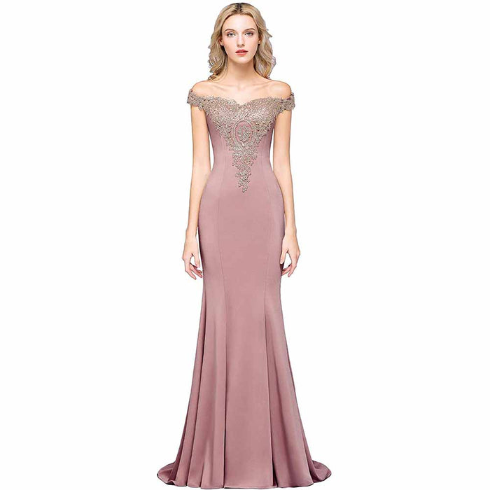 Women Long Gold Lace Applique Mermaid Prom Dress Off Shoulder Formal Gowns