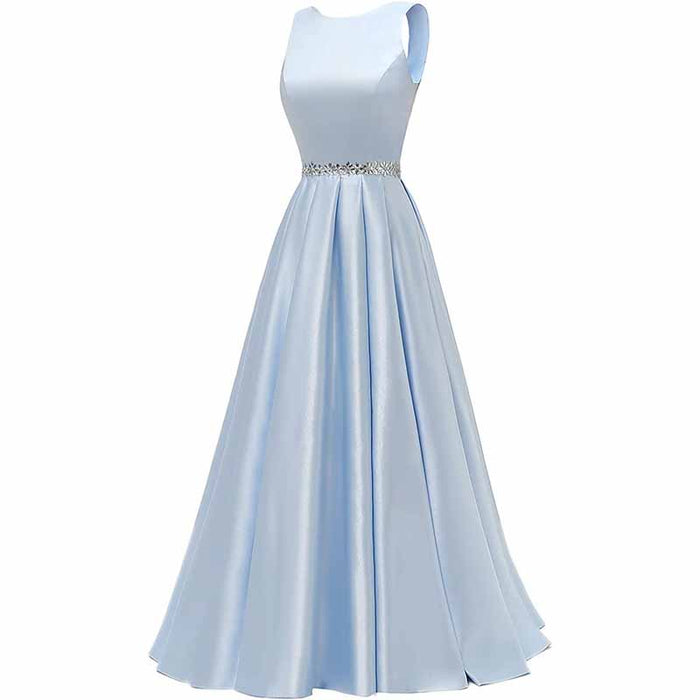 Women Long Prom Dress Satin A-Line with Beaded Belt Formal Evening Gown