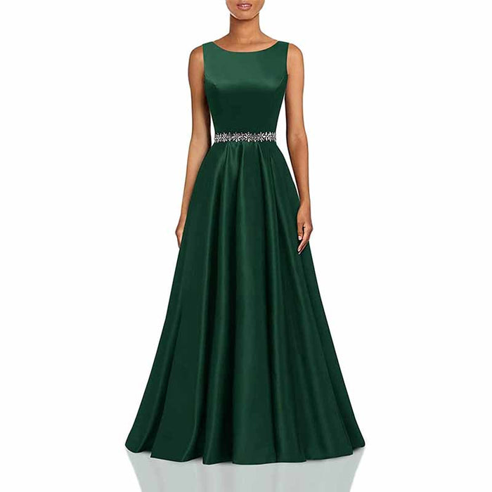 Women Long Prom Dress Satin A-Line with Beaded Belt Formal Evening Gown