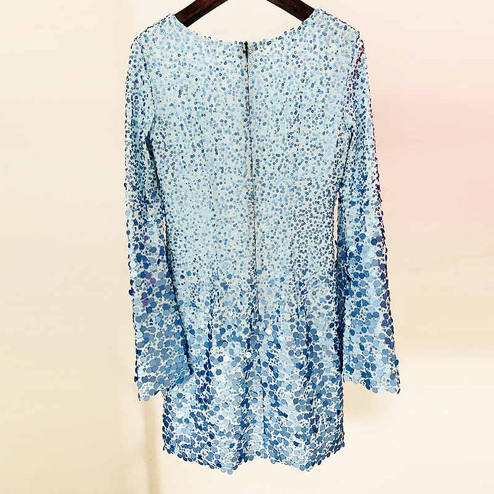 Women Long Sleeve Sky Blue Chiffon Fabric Sequin Mini Dress