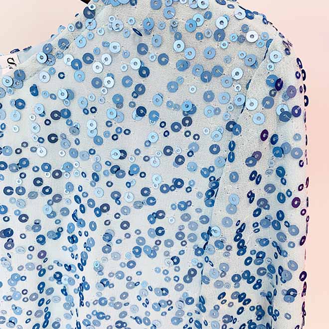 Women Long Sleeve Sky Blue Chiffon Fabric Sequin Mini Dress