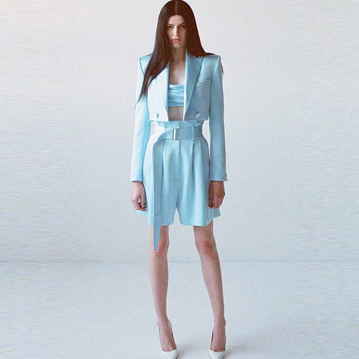 Women Long Sleeves Sky Blue Satin Short Blazer + Shorts Suit
