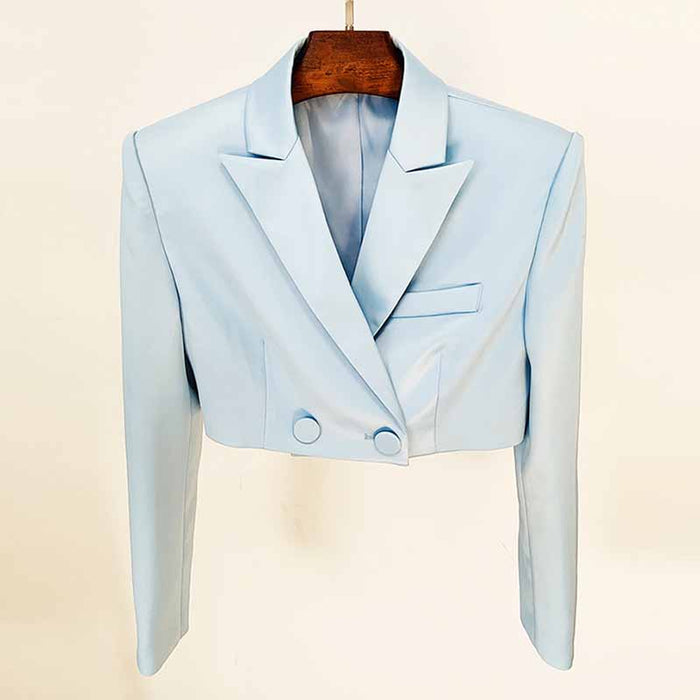 Women Long Sleeves Sky Blue Satin Short Blazer + Shorts Suit