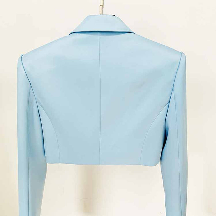 Women Long Sleeves Sky Blue Satin Short Blazer + Shorts Suit