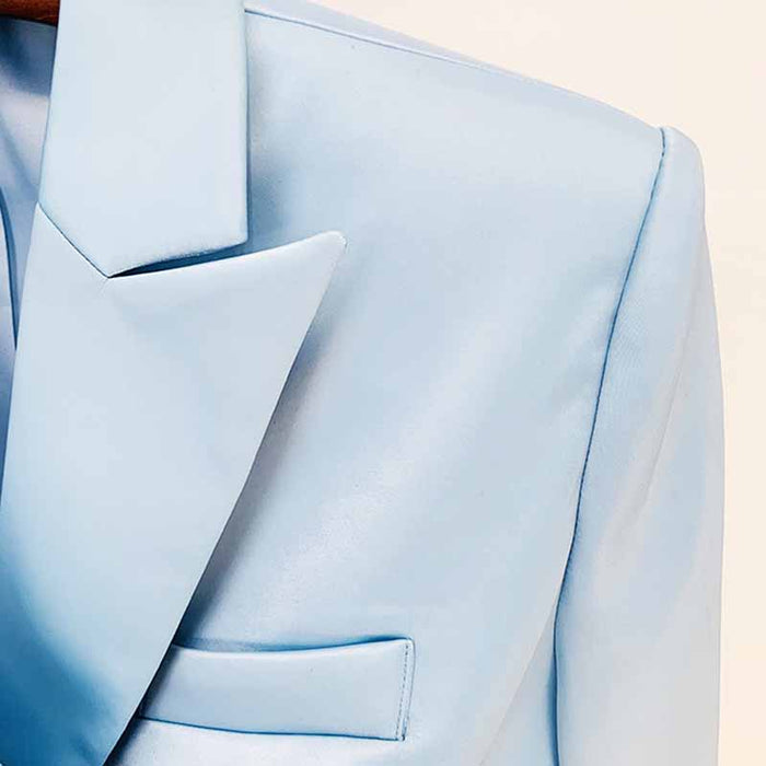 Women Long Sleeves Sky Blue Satin Short Blazer + Shorts Suit