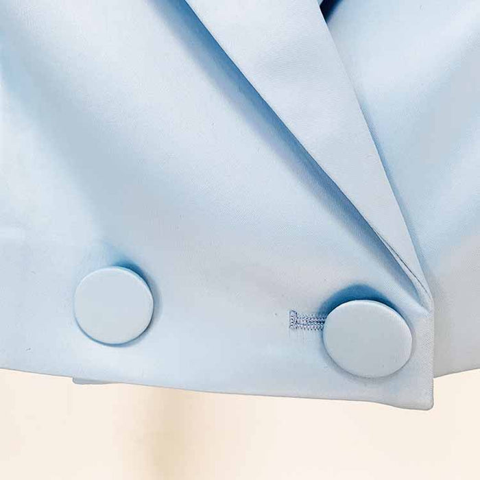 Women Long Sleeves Sky Blue Satin Short Blazer + Shorts Suit