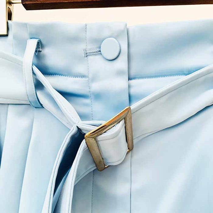 Women Long Sleeves Sky Blue Satin Short Blazer + Shorts Suit