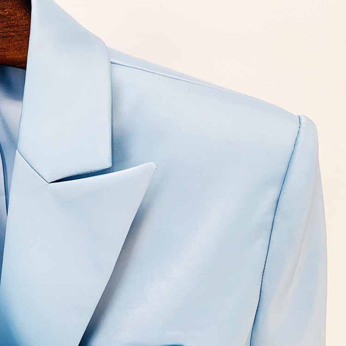 Women Long Sleeves Sky Blue Satin Short Blazer + Shorts Suit