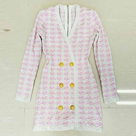 Women Long Sleeves Slim Fit Checkered Knitted Dress Mini Body-con Dresses