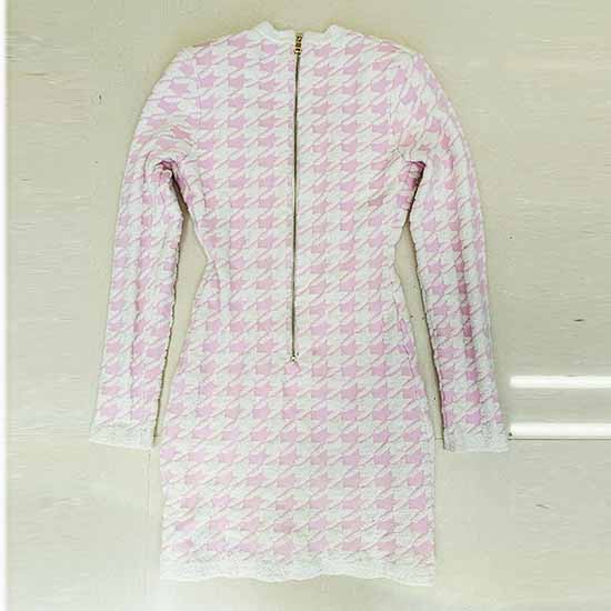 Women Long Sleeves Slim Fit Checkered Knitted Dress Mini Body-con Dresses