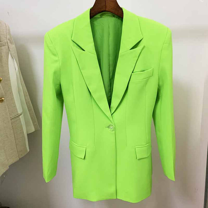 Women Loose Fit Neon Green Blazer Luxury One Button Coat