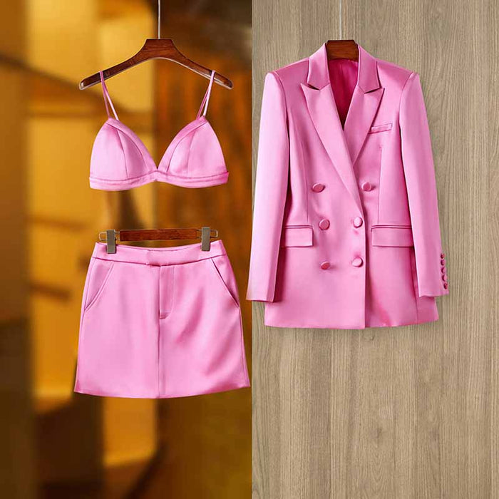 Women Loose Pink Set fit Blazer + Bra + Mini Skirt 3 Pieces Suit