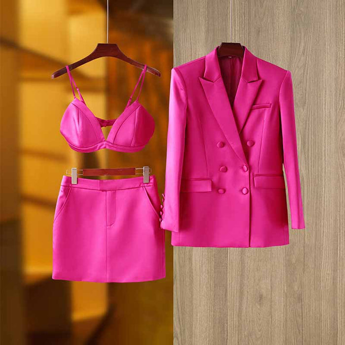 Women Loose Pink Set fit Blazer + Bra + Mini Skirt 3 Pieces Suit