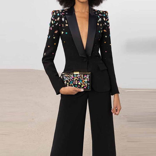 Women Luxury Colorful Stones Embroidery Blazer + Mid-High Rise Flare Trousers Pantsuit Suit Black