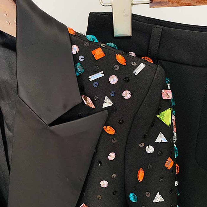Women Luxury Colorful Stones Embroidery Blazer + Mid-High Rise Flare Trousers Pantsuit Suit Black