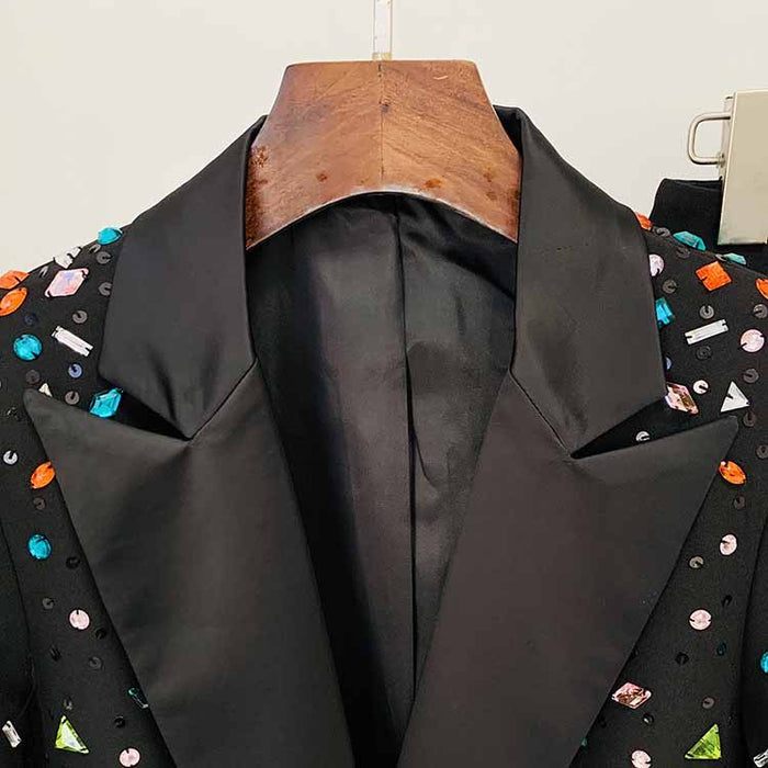 Women Luxury Colorful Stones Embroidery Blazer + Mid-High Rise Flare Trousers Pantsuit Suit Black