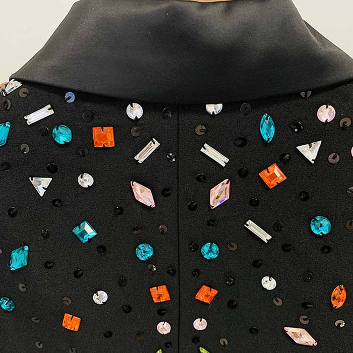 Women Luxury Colorful Stones Embroidery Blazer + Mid-High Rise Flare Trousers Pantsuit Suit Black