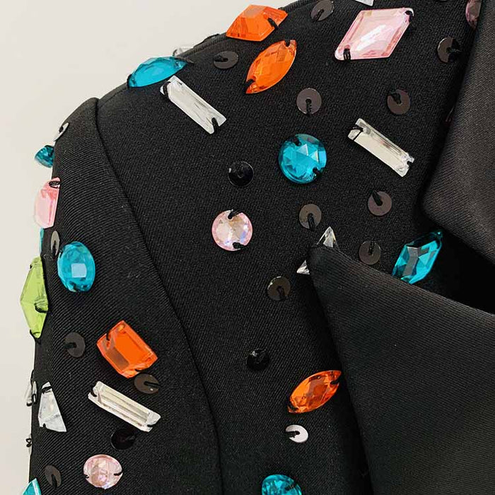 Women Luxury Colorful Stones Embroidery Blazer + Mid-High Rise Flare Trousers Pantsuit Suit Black