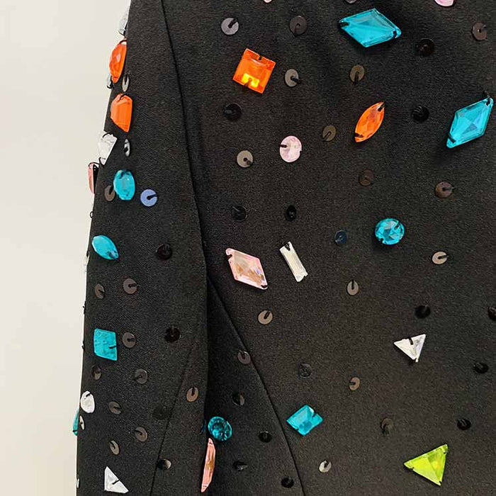 Women Luxury Colorful Stones Embroidery Blazer + Mid-High Rise Flare Trousers Pantsuit Suit Black