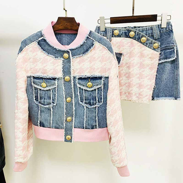 Women Luxury Denim Pink Houndstooth Tweed Jacket Coat Top + Mini Skirt 2 Piece Suit