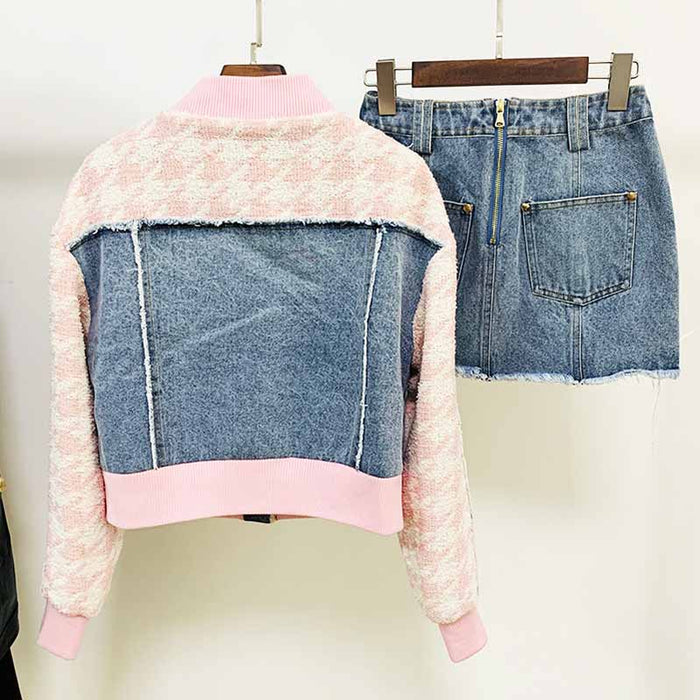 Women Luxury Denim Pink Houndstooth Tweed Jacket Coat Top + Mini Skirt 2 Piece Suit