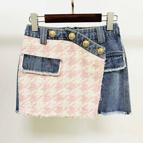 Women Luxury Denim Pink Houndstooth Tweed Jacket Coat Top + Mini Skirt 2 Piece Suit
