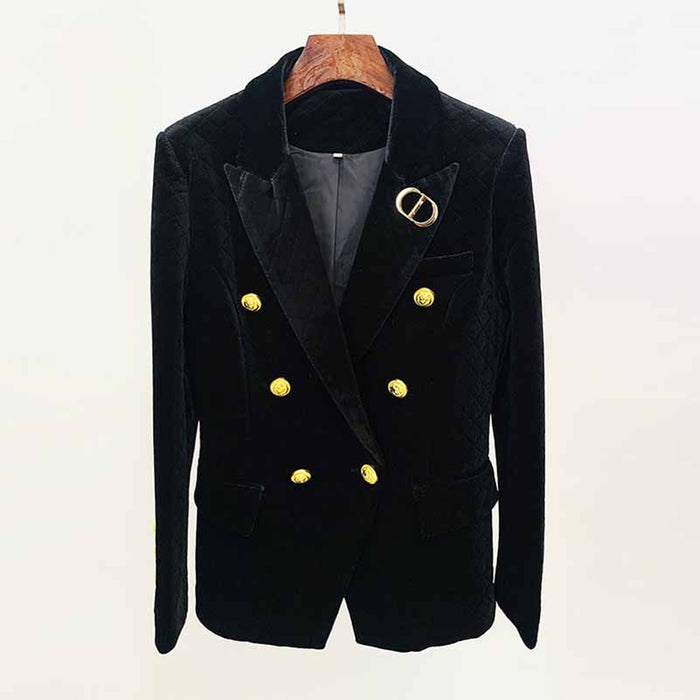 Women Luxury Golden Lion Buttons Velvet Quilted Jacket Fitted Blazer