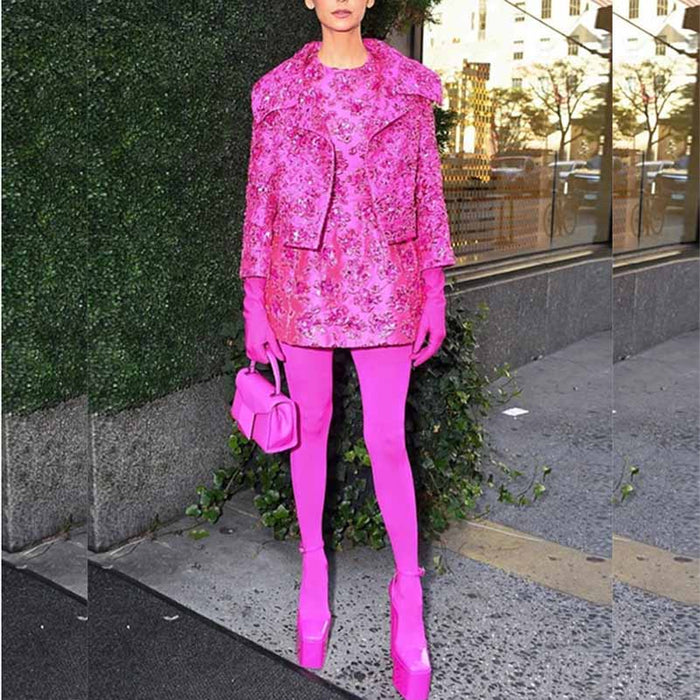 Women Luxury Hand Made 3D Flowers Embroidery Short Mini Dress Hot Pink
