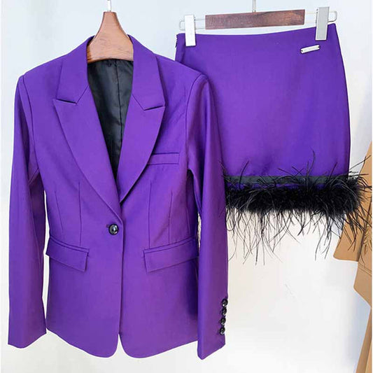 Women Luxury One Button Purple Blazer + Mid-High Rise Faux Fur Mini Skirt Suit