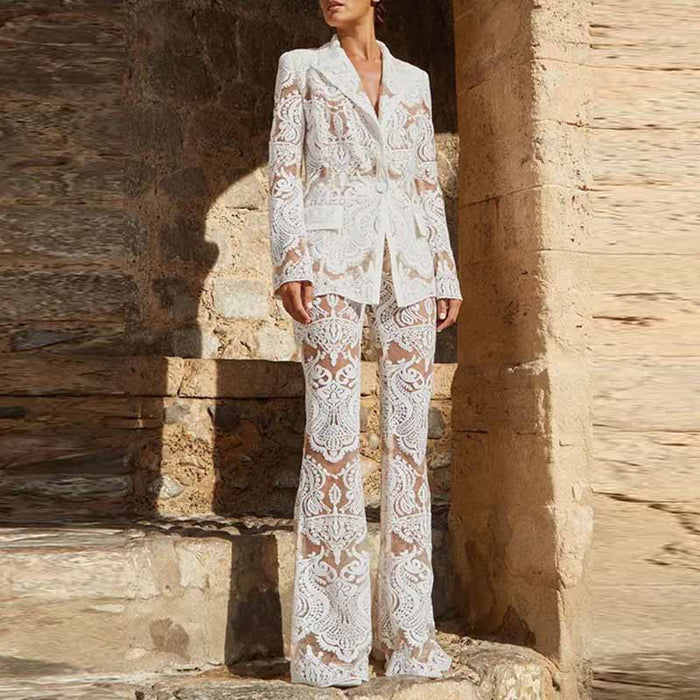 Women Luxury Sequinned Mesh Lace Blazer Jacket + Flare Trousers Pants Suit Wedding Suit