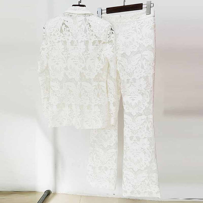 Women Luxury Sequinned Mesh Lace Blazer Jacket + Flare Trousers Pants Suit Wedding Suit