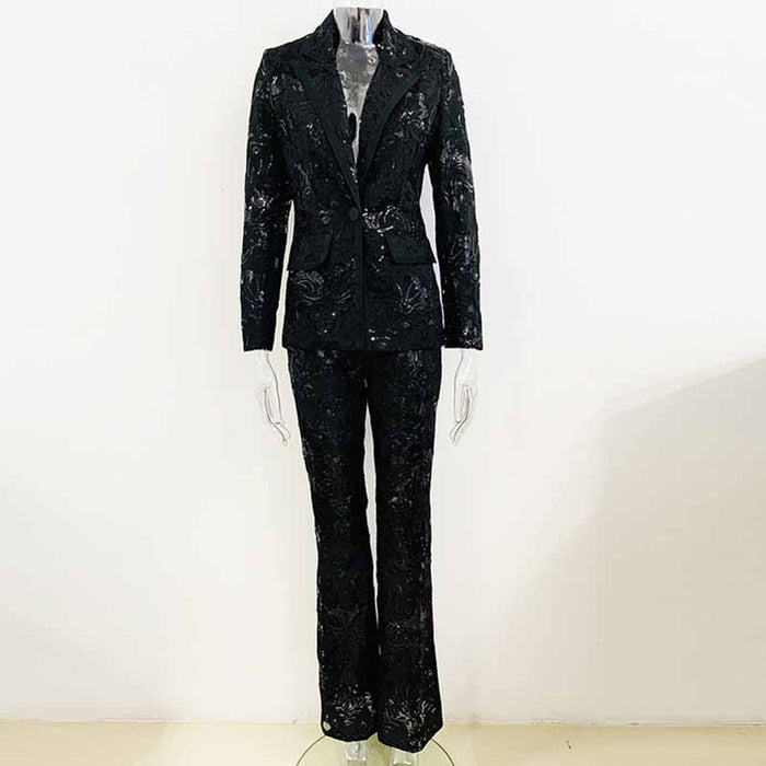 Women Luxury Sequinned Mesh Lace Blazer Jacket + Flare Trousers Pants Suit Wedding Suit