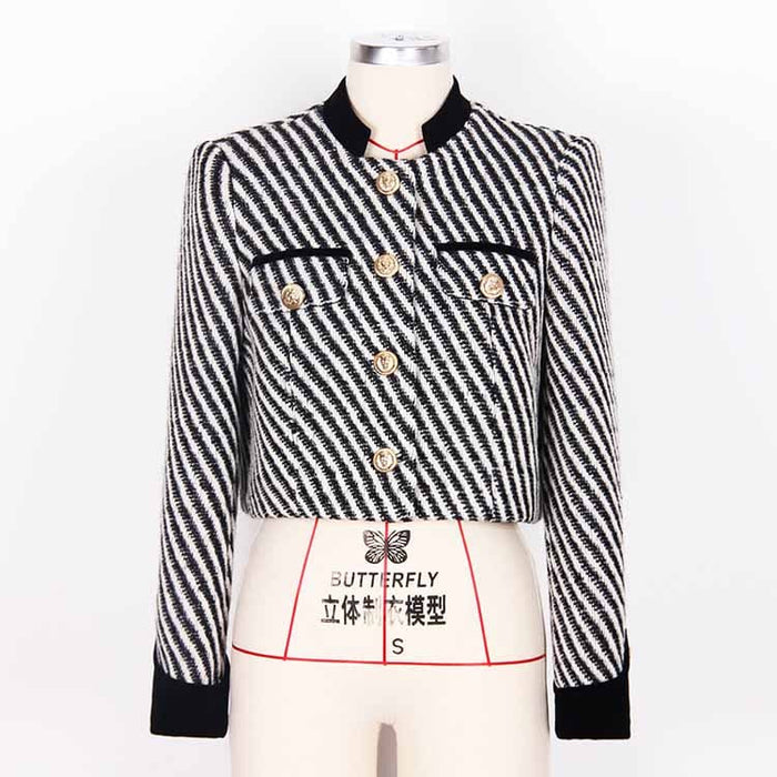 Women Luxury Stripe Fitted Blazer Golden Buttons Coat