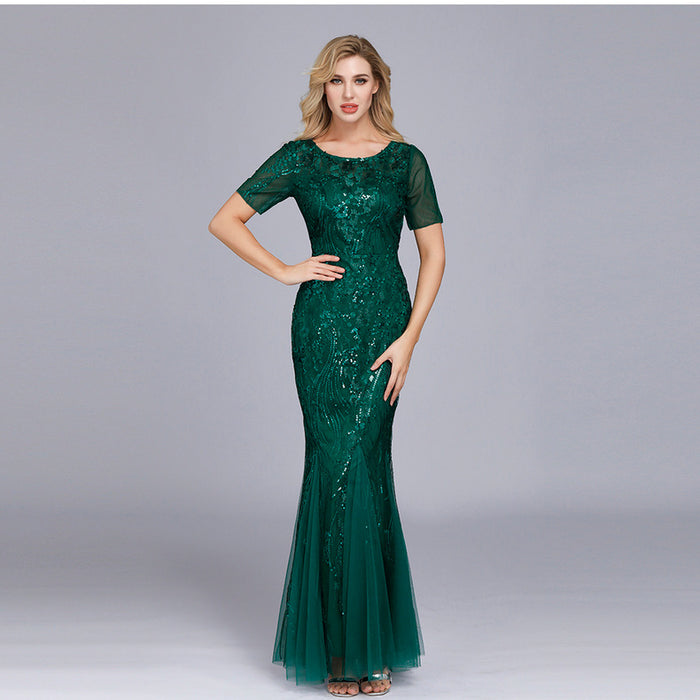 Women Maxi Sequin Bridesmaid Prom Dresses O Neck Half sleeve Party Dress
