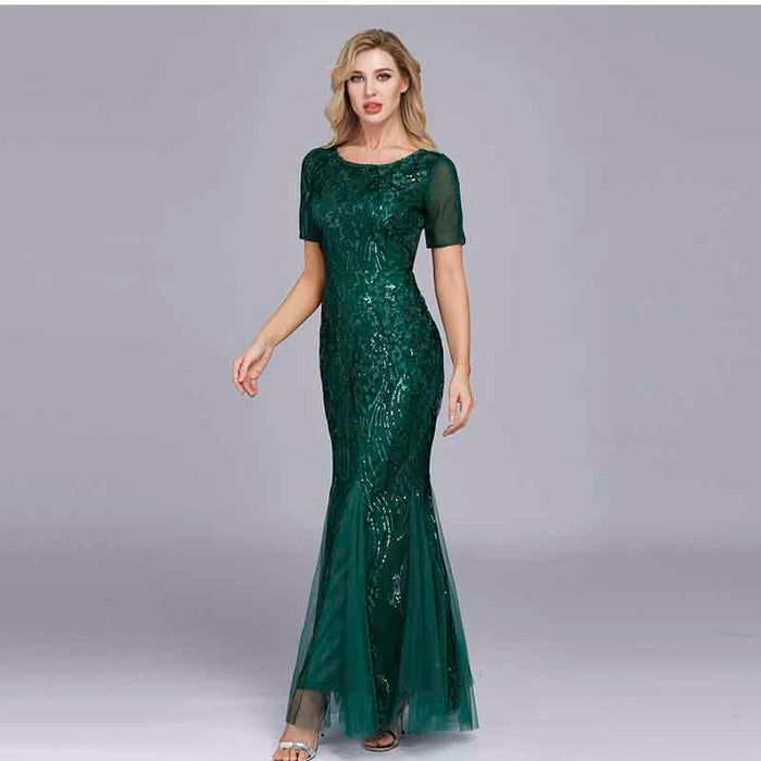 Women Maxi Sequin Bridesmaid Prom Dresses O Neck Half sleeve Party Dress