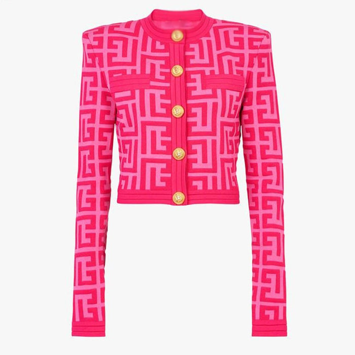 Women Maze Cardigan Suit + Trousers Two Piece Pink Sweater Suit