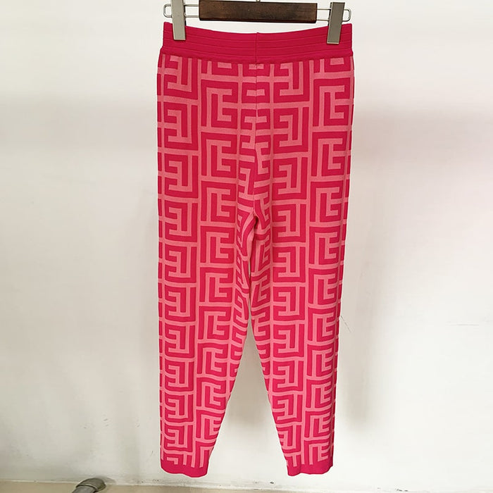Women Maze Cardigan Suit + Trousers Two Piece Pink Sweater Suit