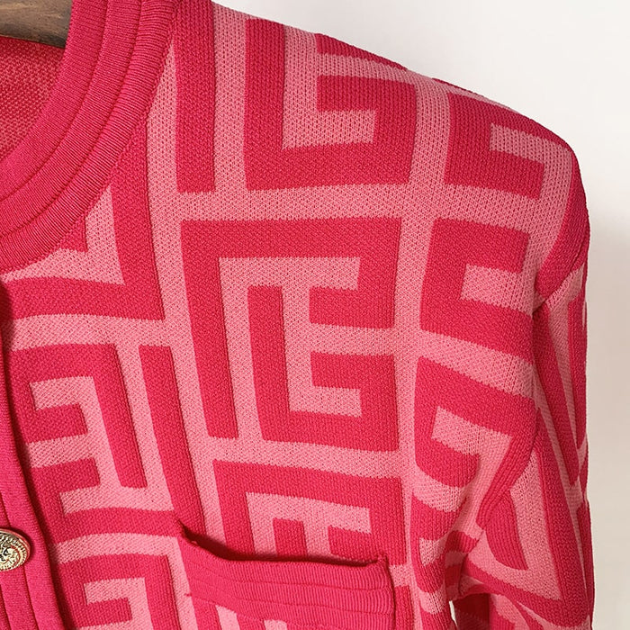 Women Maze Cardigan Suit + Trousers Two Piece Pink Sweater Suit