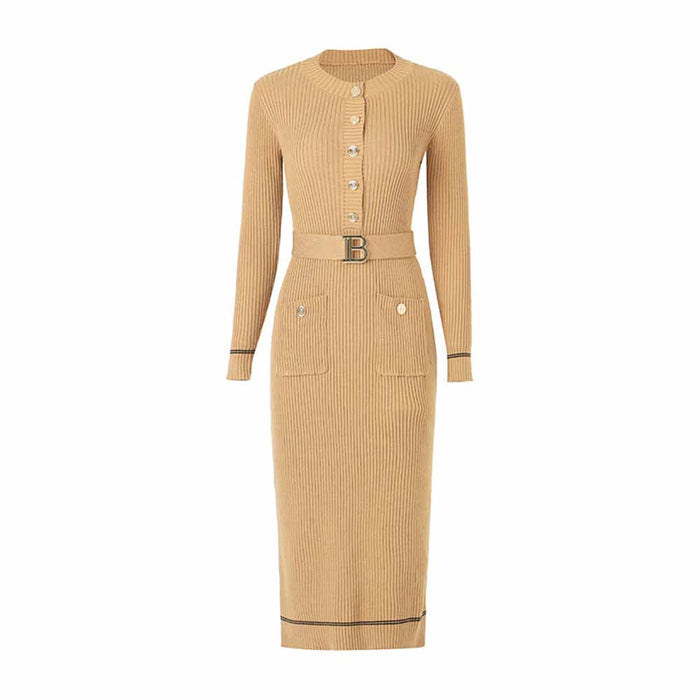 Women midi bodycon dress with sleeves round neck wrap knitted dress