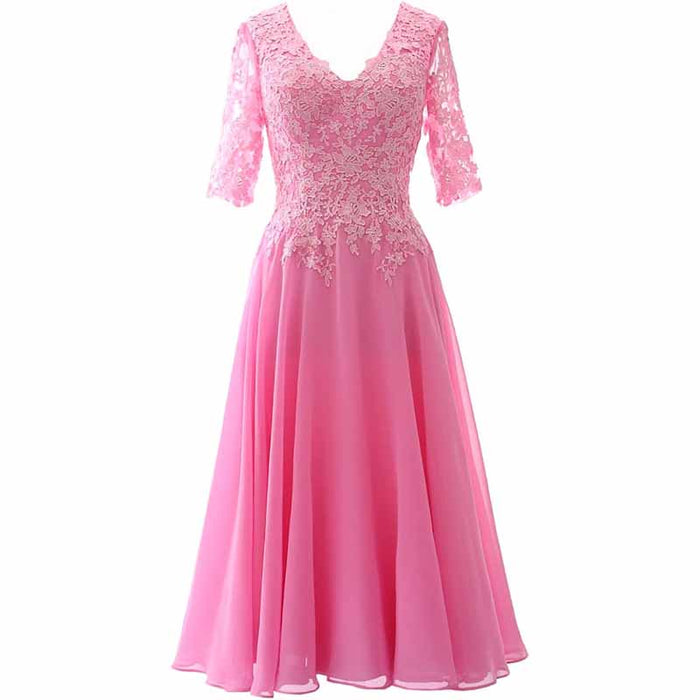Women Midi Mother Bride Dresses 3/4 Sleeves V Neck Wedding Guest Tea Length Bridesmaid Dress