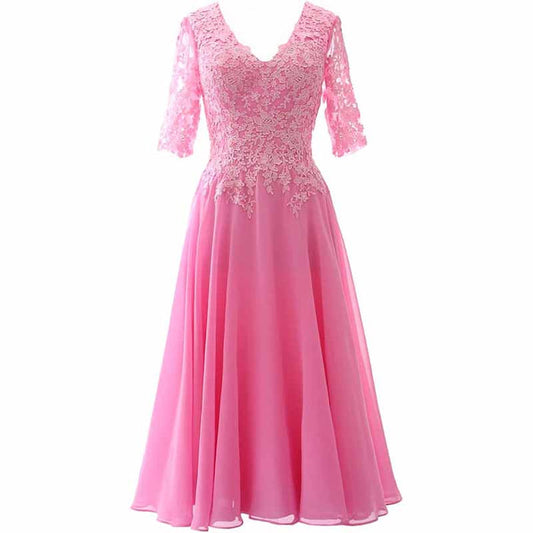 Women Midi Mother Bride Dresses 3/4 Sleeves V Neck Wedding Guest Tea Length Bridesmaid Dress