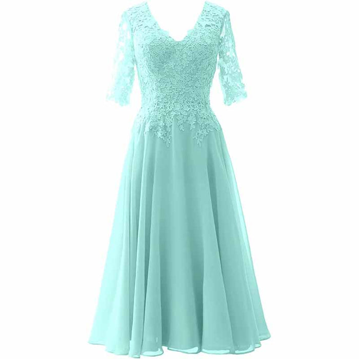 Women Midi Mother Bride Dresses 3/4 Sleeves V Neck Wedding Guest Tea Length Bridesmaid Dress