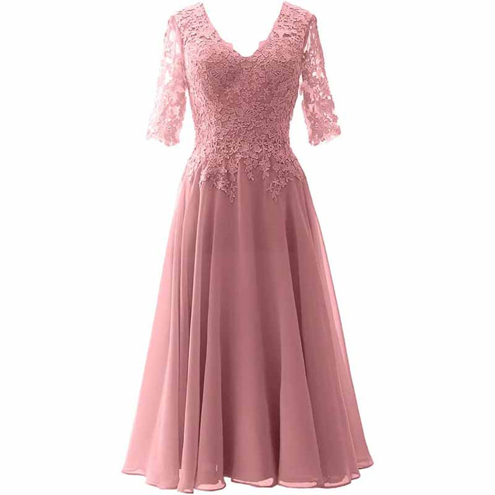 Women Midi Mother Bride Dresses 3/4 Sleeves V Neck Wedding Guest Tea Length Bridesmaid Dress