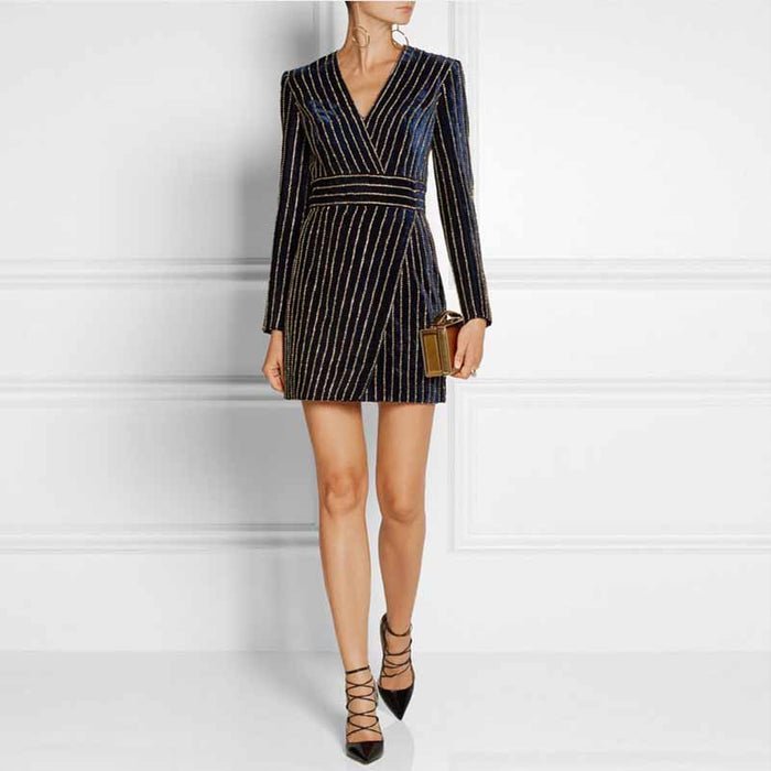 Women Mini Sequin V Neck Long Sleeve Party Dress Heavy industry Body-con Dress