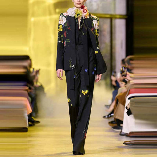 Women One Button Multi-Color Flowers Fitted Blazer + Flare Trousers Black Pants Suit, Party Suit