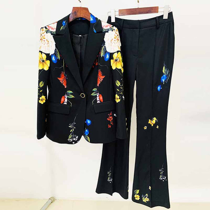Women One Button Multi-Color Flowers Fitted Blazer + Flare Trousers Black Pants Suit, Party Suit