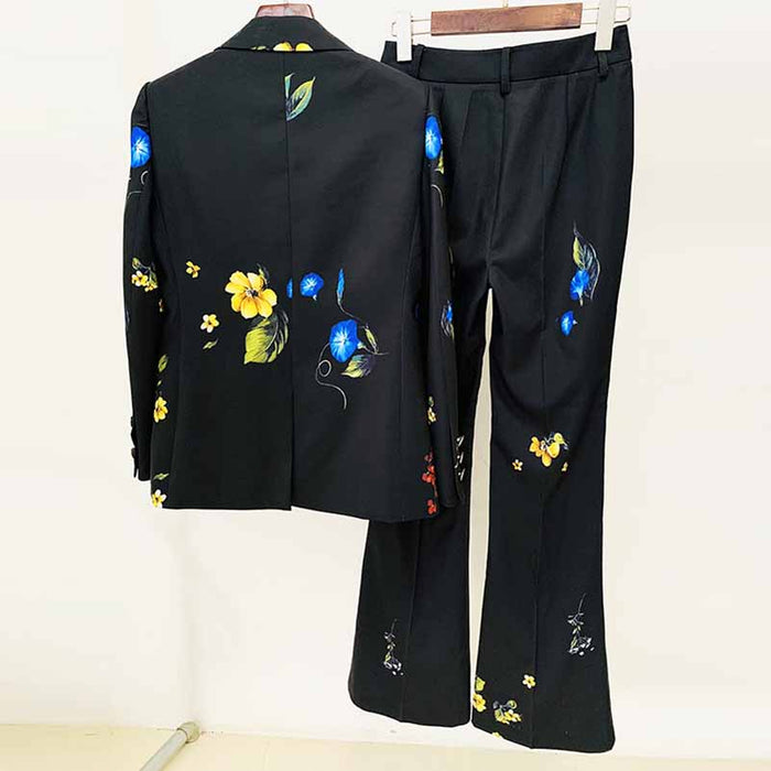 Women One Button Multi-Color Flowers Fitted Blazer + Flare Trousers Black Pants Suit, Party Suit