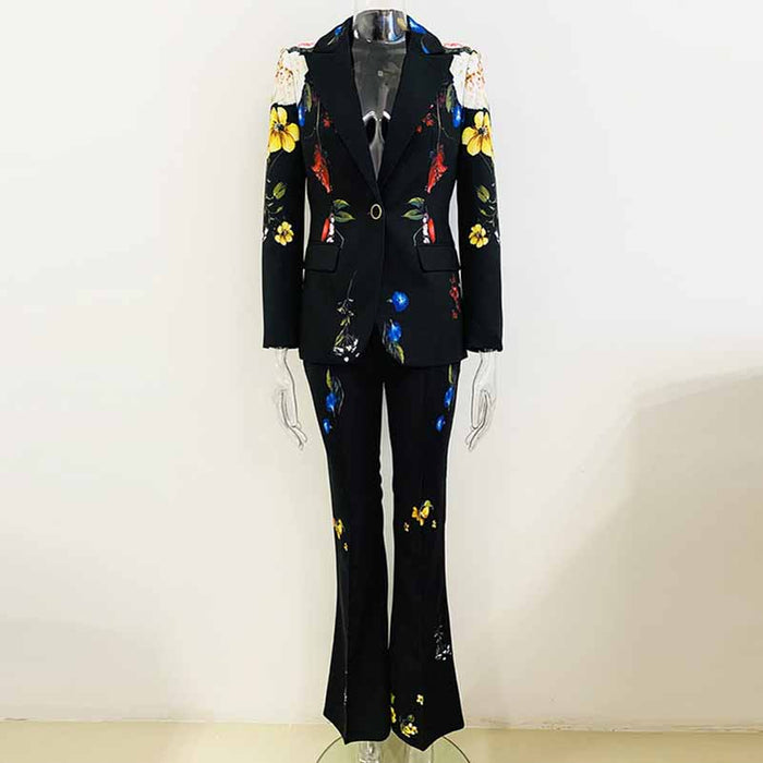 Women One Button Multi-Color Flowers Fitted Blazer + Flare Trousers Black Pants Suit, Party Suit