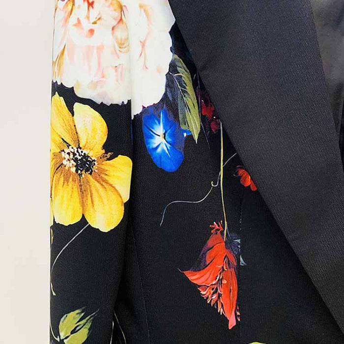 Women One Button Multi-Color Flowers Fitted Blazer + Flare Trousers Black Pants Suit, Party Suit